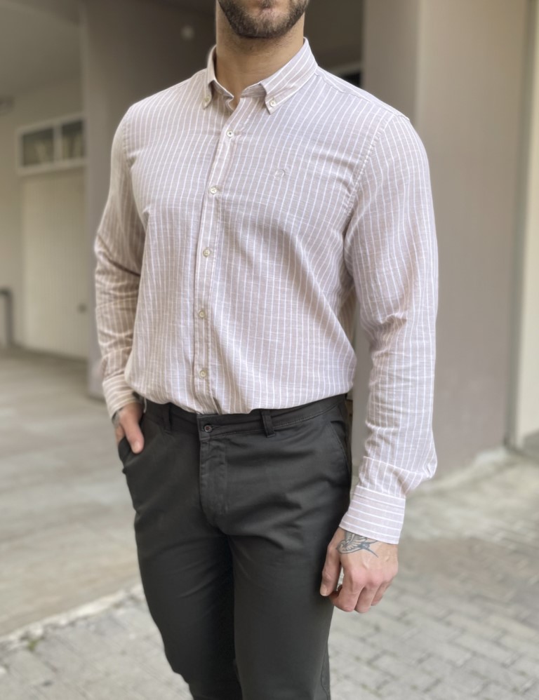 Ανδρικό μπεζ ριγέ πουκάμισο με γιακά 1566 φωτογραφία